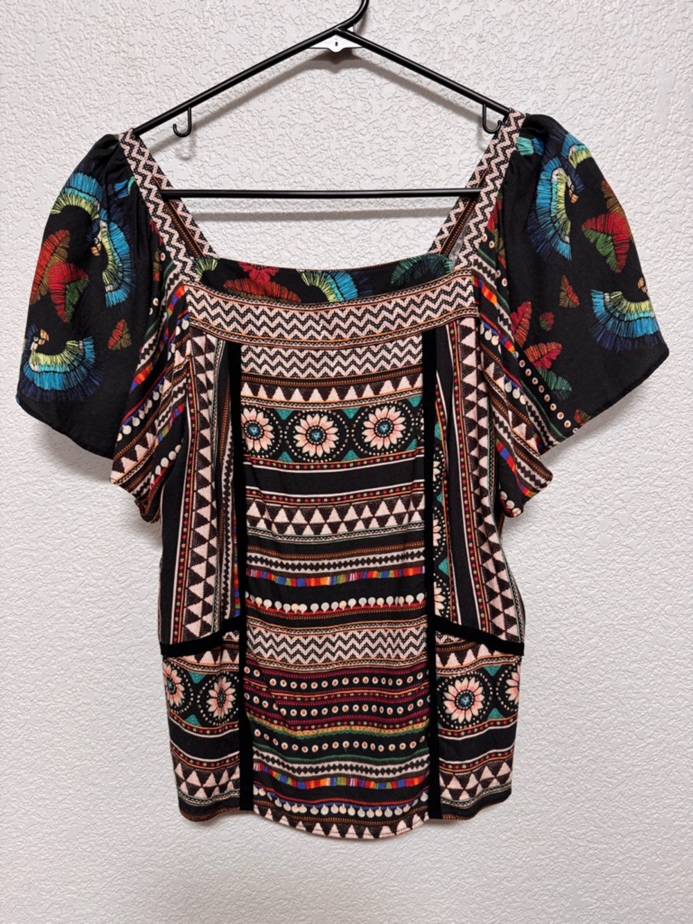 FARM Rio Black Multicolor Embroidered Square-Neck Peasant Blouse